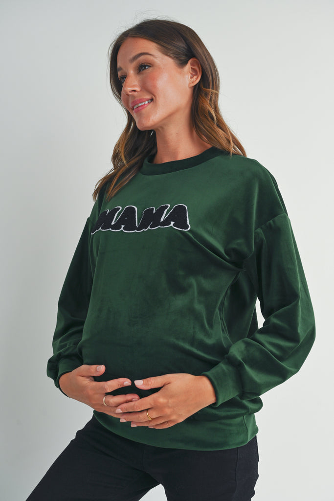 Green Velvet Maternity Sweatshirts Top with Mama Patch Side