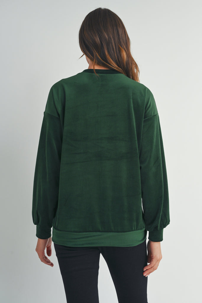 Green Velvet Maternity Sweatshirts Top with Mama Patch Back