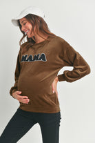 Brown Velvet Maternity Sweatshirts Top with Mama Patch Side