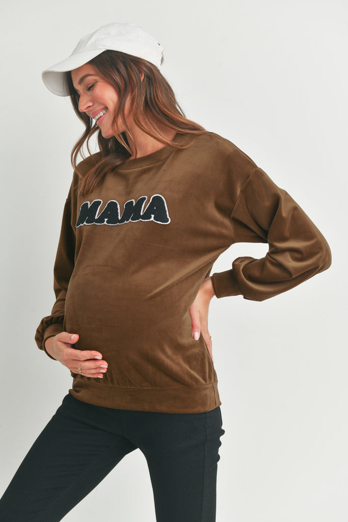Brown Velvet Maternity Sweatshirts Top with Mama Patch Side
