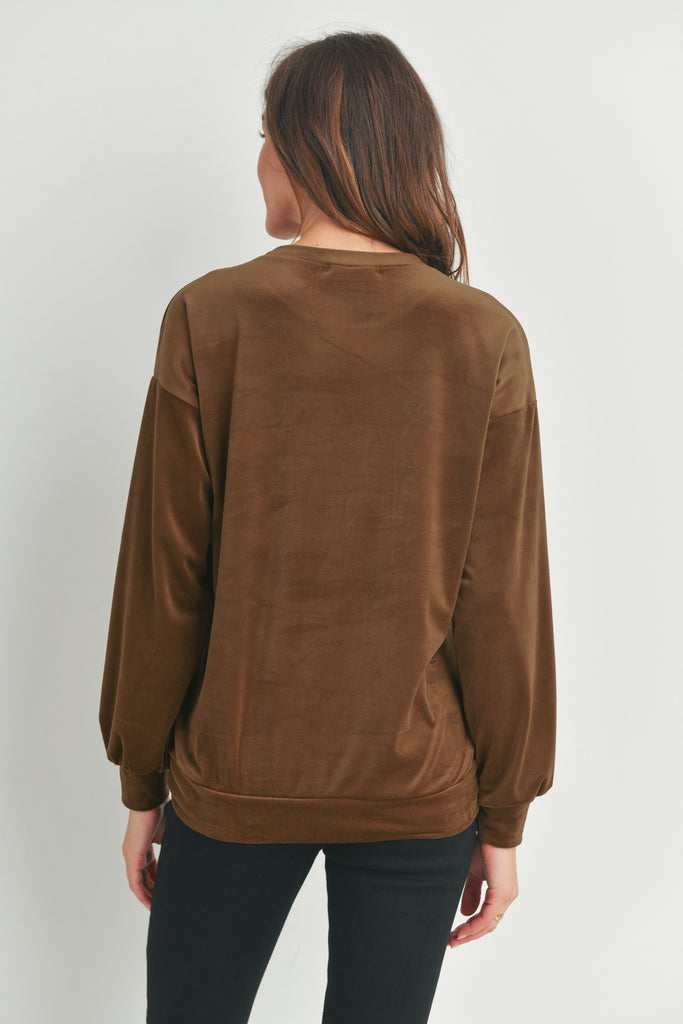 Brown Velvet Maternity Sweatshirts Top with Mama Patch Back