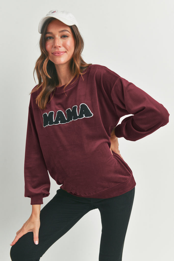 Burgundy Velvet Maternity Sweatshirts Top with Mama Patch Front