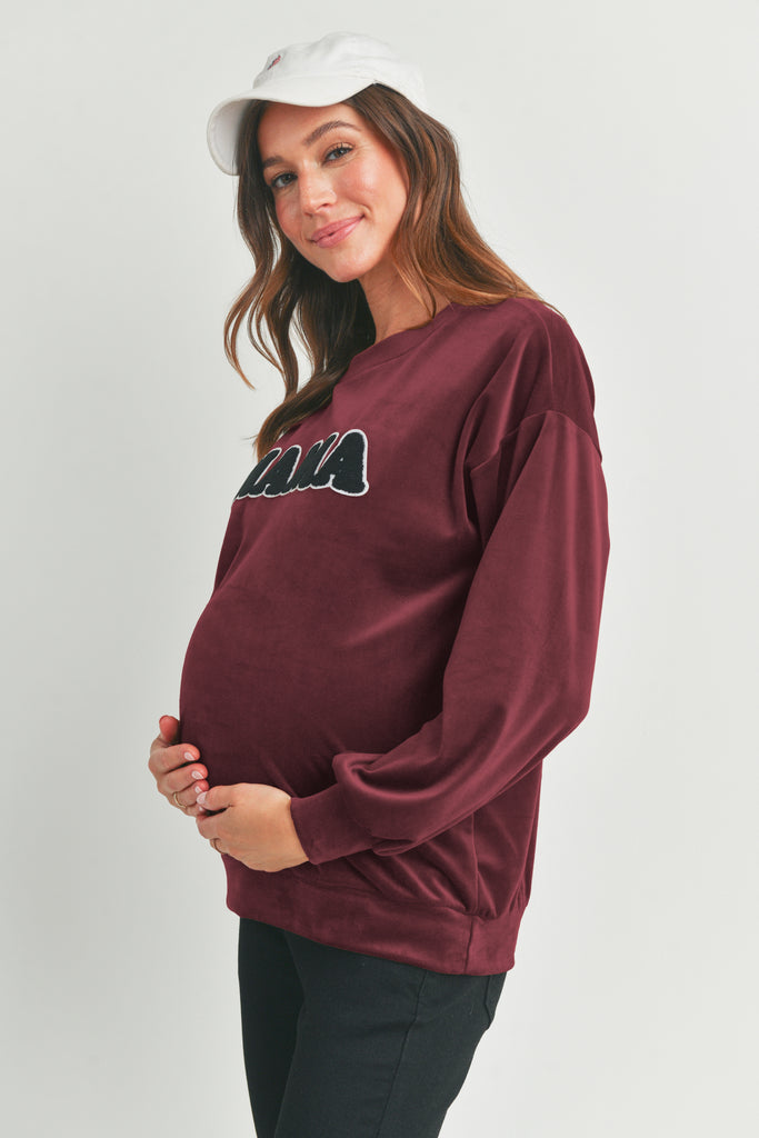 Burgundy Velvet Maternity Sweatshirts Top with Mama Patch Side