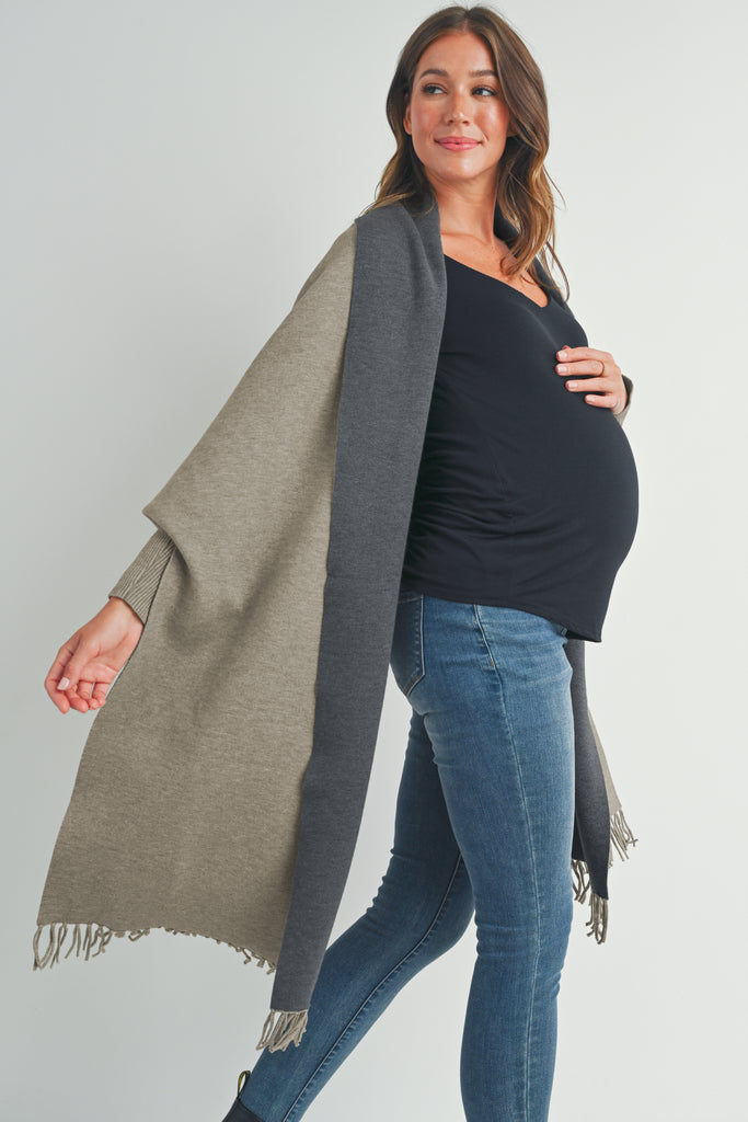 Sand/Grey Shawl Collar Maternity Sweater Pancho Side