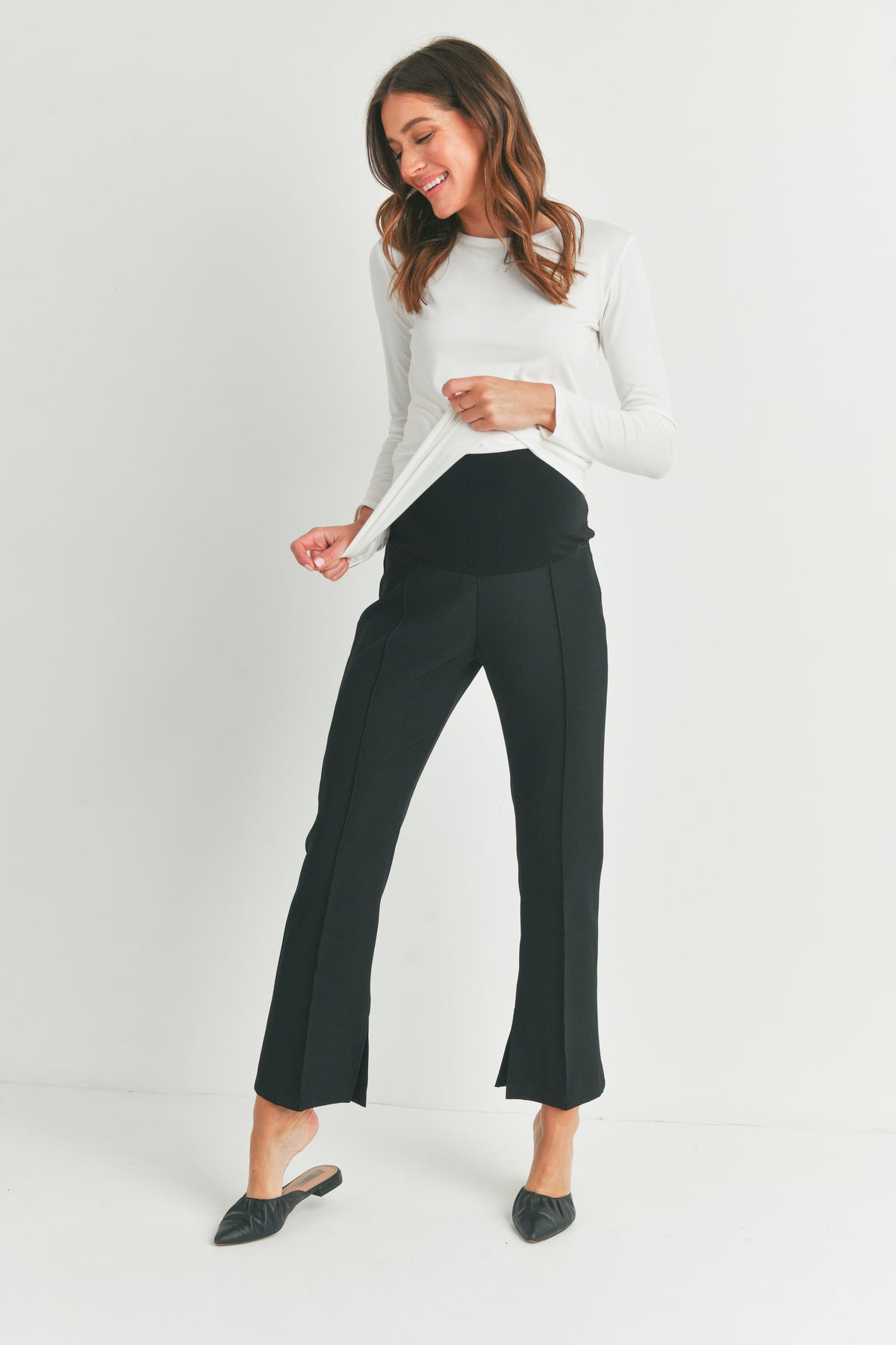 Black Maternity Bootcut Pants with Side Slit Full Body