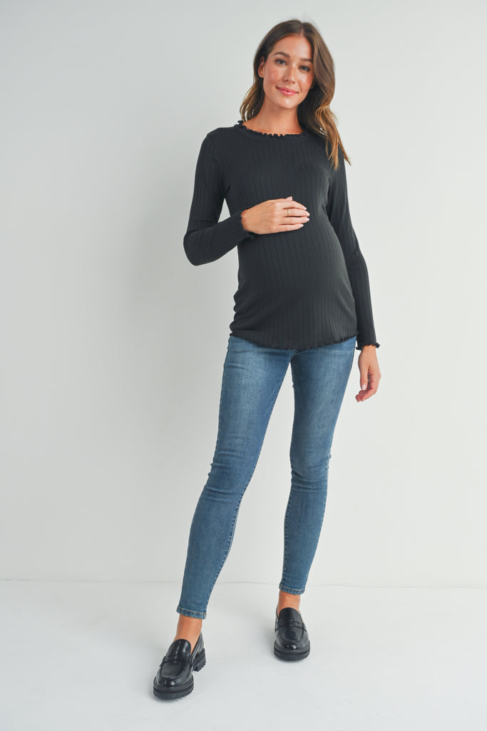 Black Ribbed Merrow Lettuce Edge Maternity Top Full Body