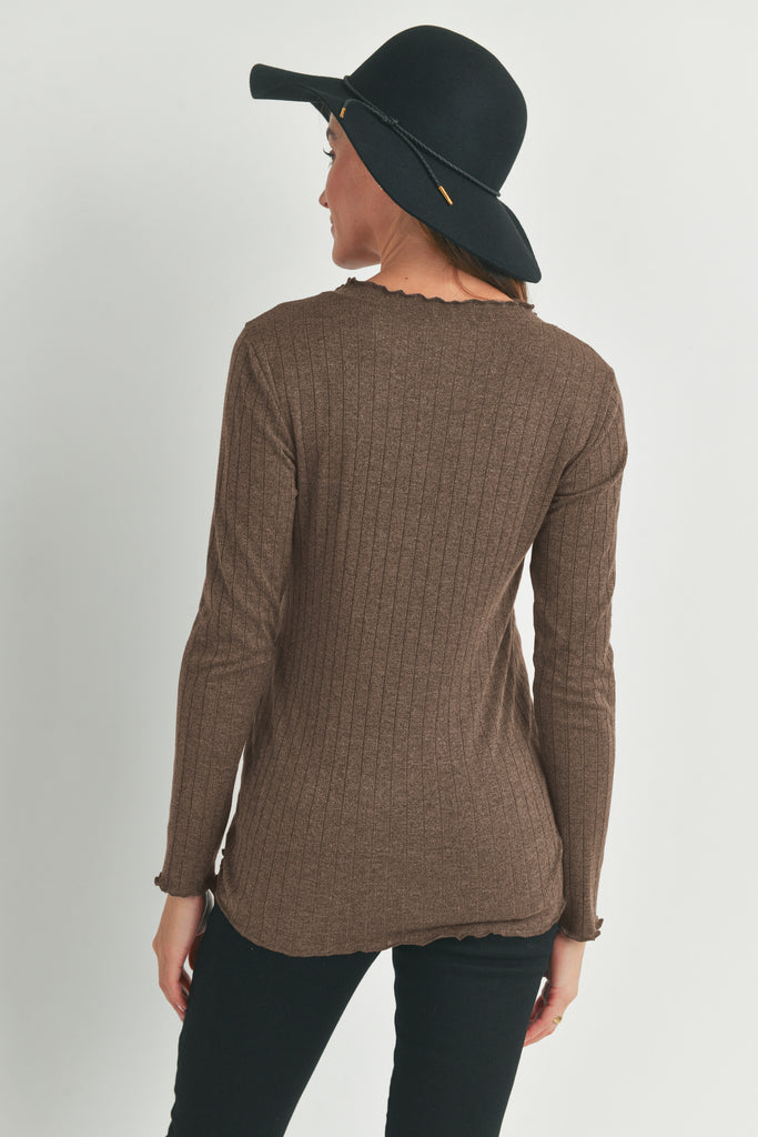 Brown Ribbed Merrow Lettuce Edge Maternity Top Back