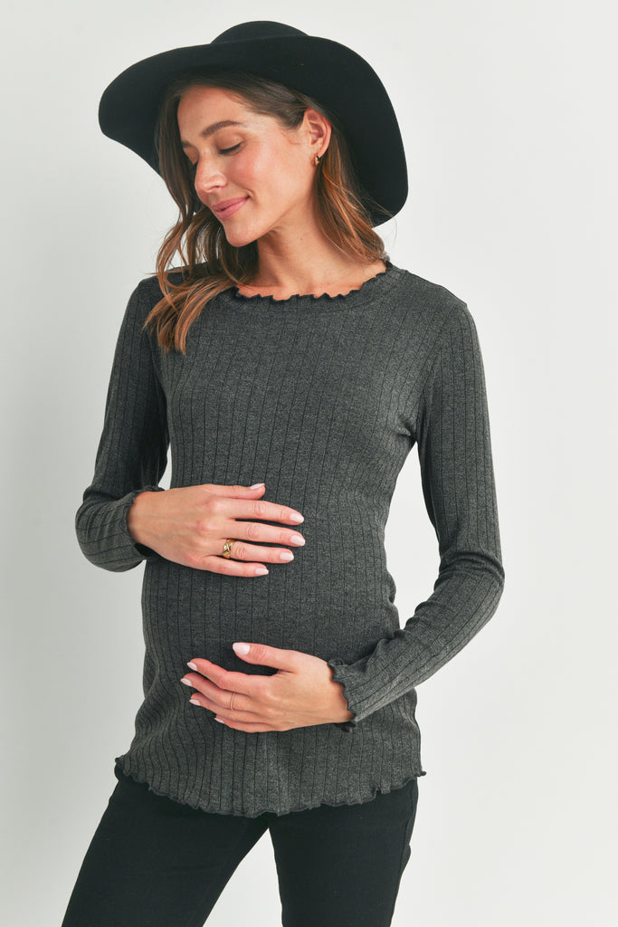 Charcoal Ribbed Merrow Lettuce Edge Maternity Top Front