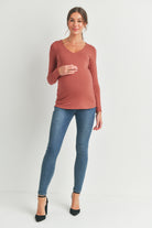 Rust Deep V Neck Rayon Modal Maternity Top Full Body