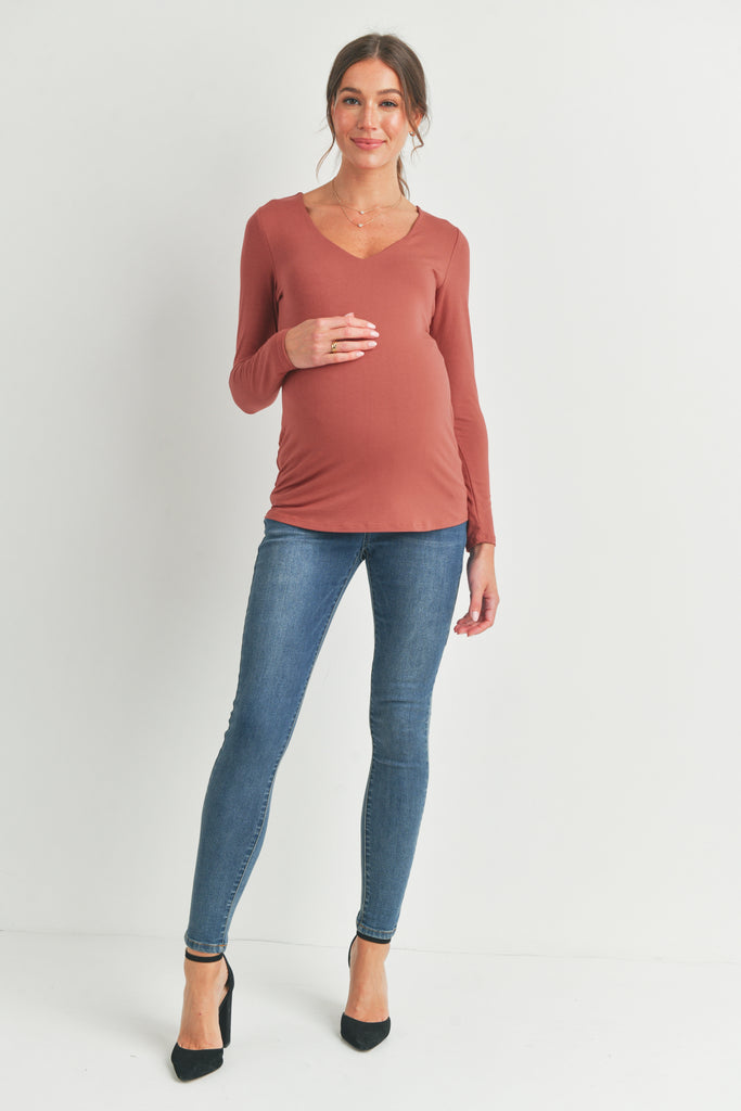 Rust Deep V Neck Rayon Modal Maternity Top Full Body