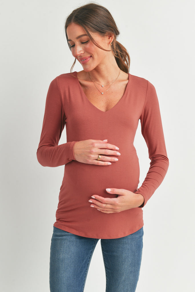 Rust Deep V Neck Rayon Modal Maternity Top Front