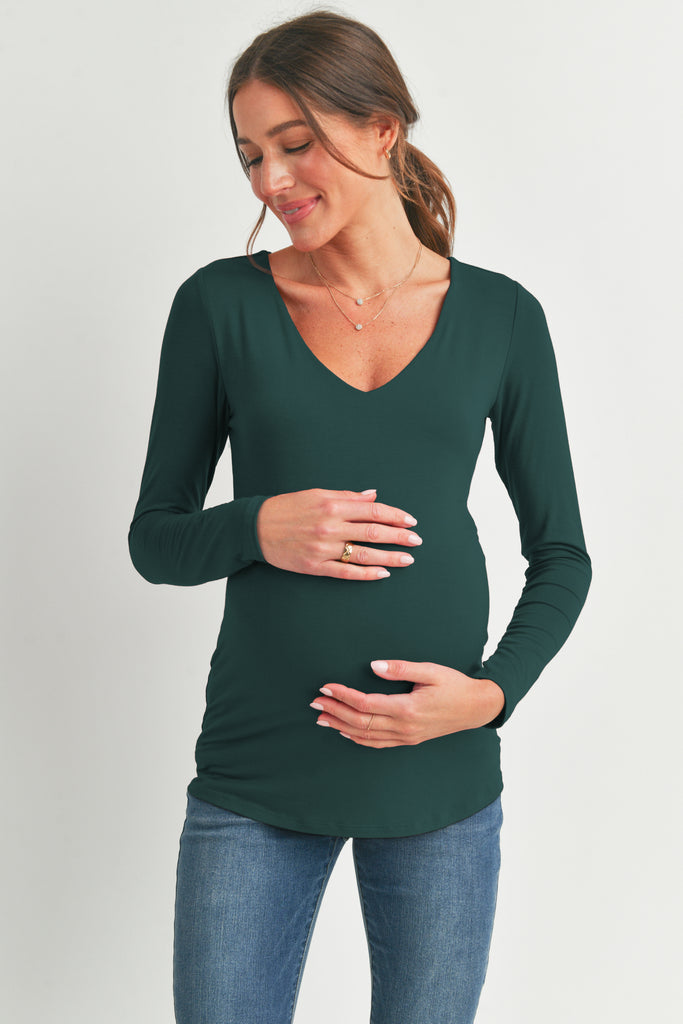 Hunter Green Deep V Neck Rayon Modal Maternity Top Front