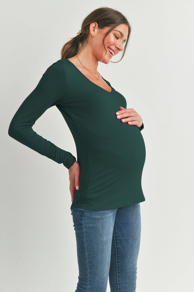 Hunter Green Deep V Neck Rayon Modal Maternity Top Front Side