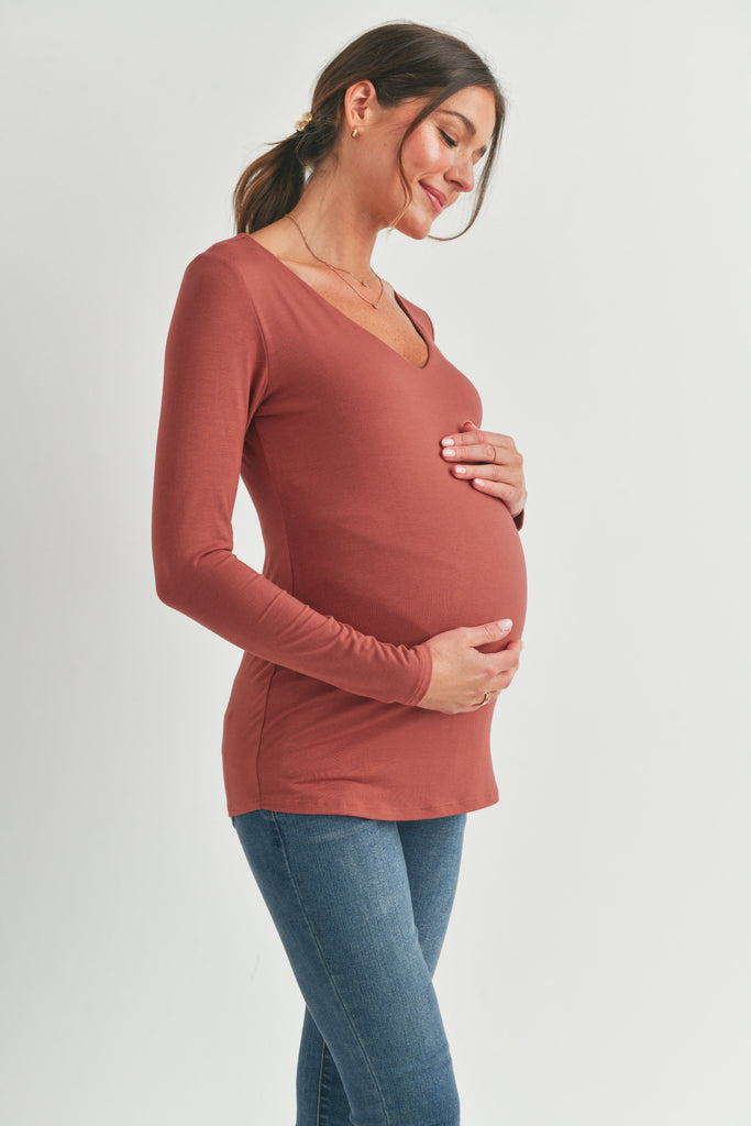 Rust Deep V Neck Rayon Modal Maternity Top Side