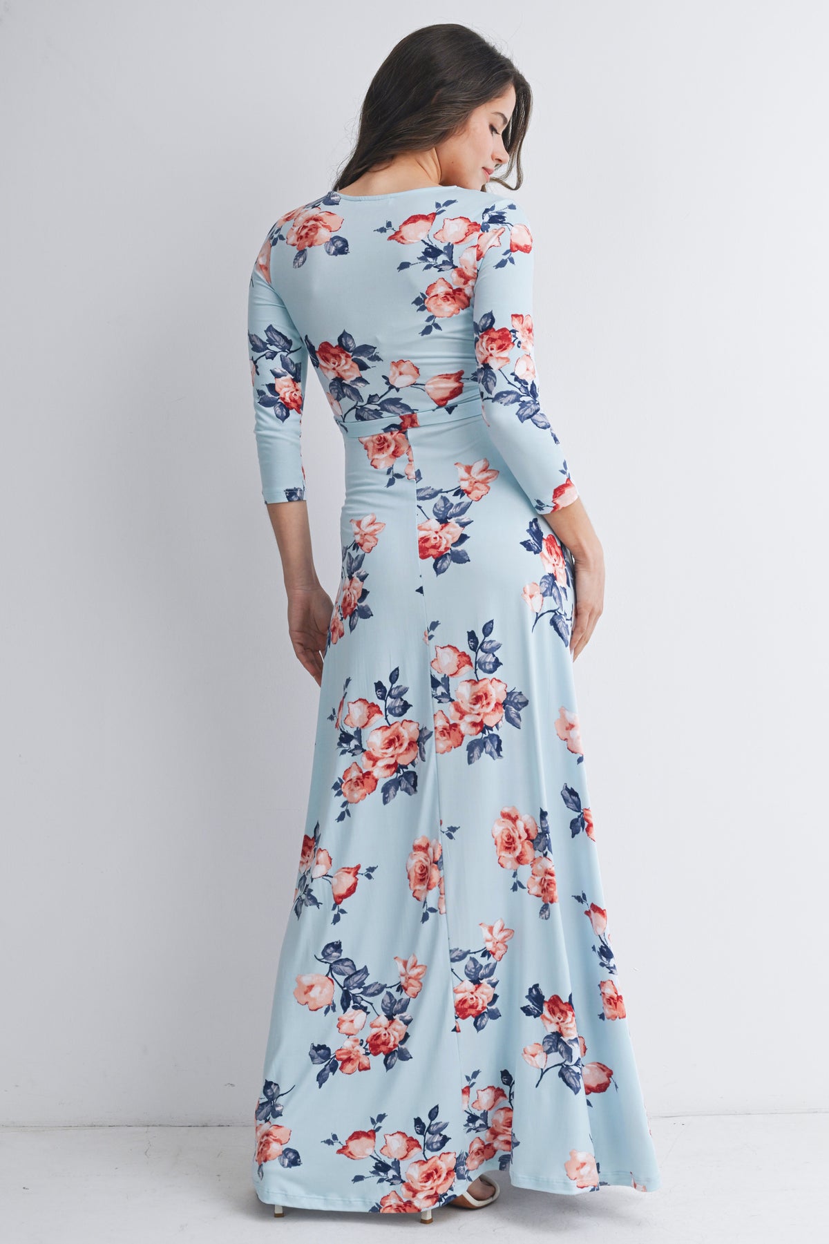 Sky Blue Floral Wrap Maxi Maternity Nursing Dress Back View