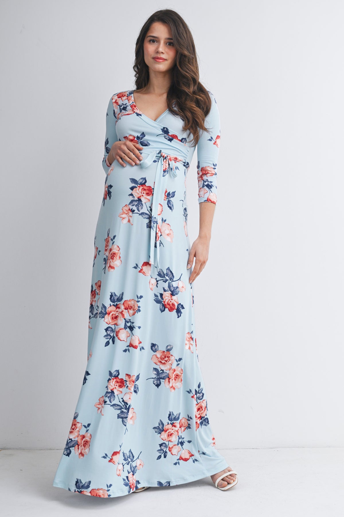 Sky Blue Floral Wrap Maxi Maternity Nursing Dress Front View