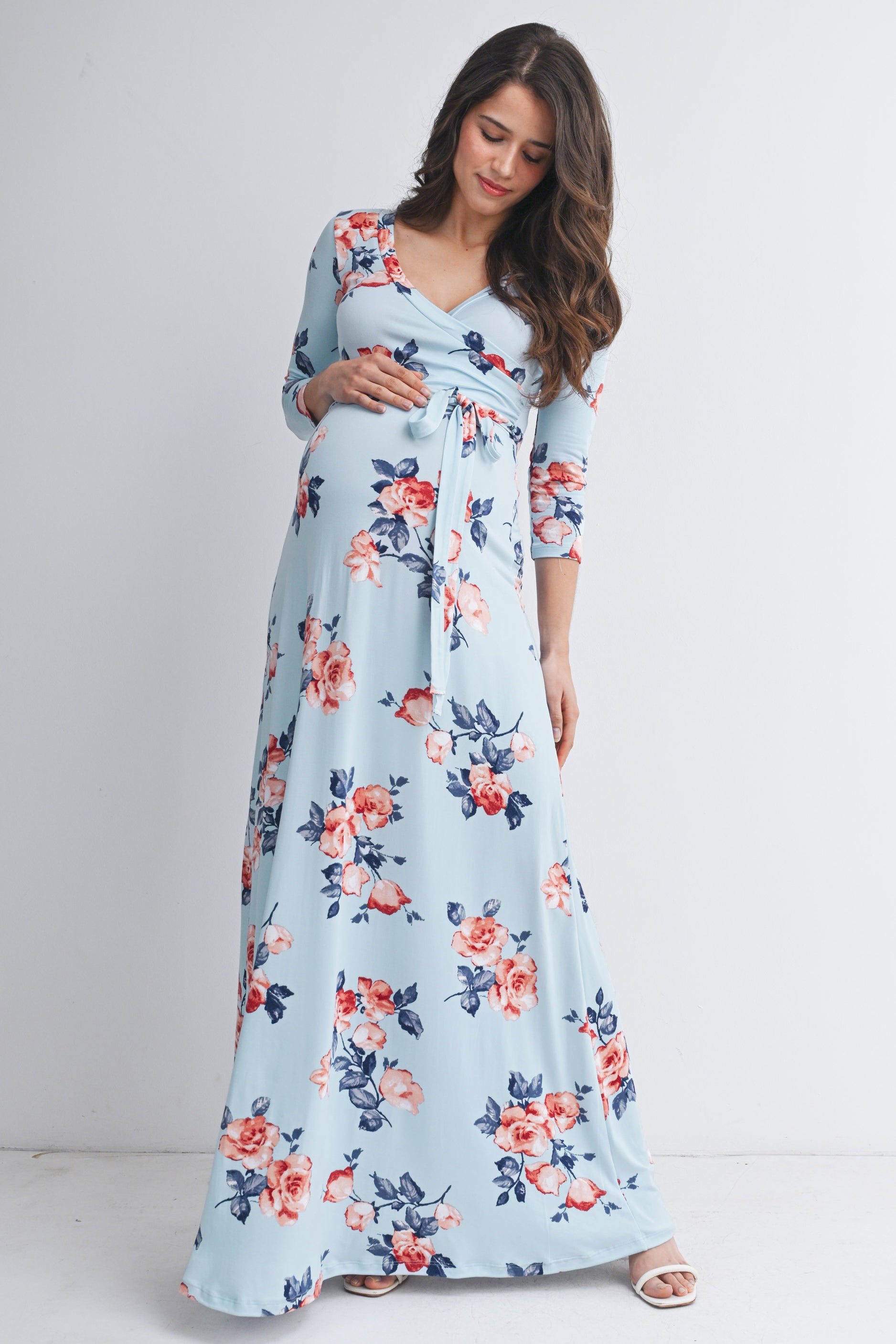 pink and blue floral maternity dress Pink blush Maternity Floral Fitted Dress Size Large Navy Blue & Pink Sheath