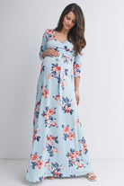 Sky Blue Floral Wrap Maxi Maternity Nursing Dress Front View