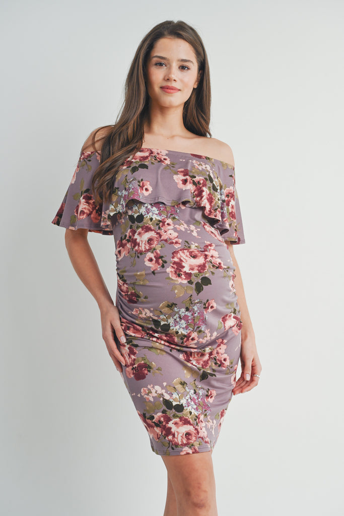Mauve Riley Off Shoulder Ruffle Maternity Dress Front View