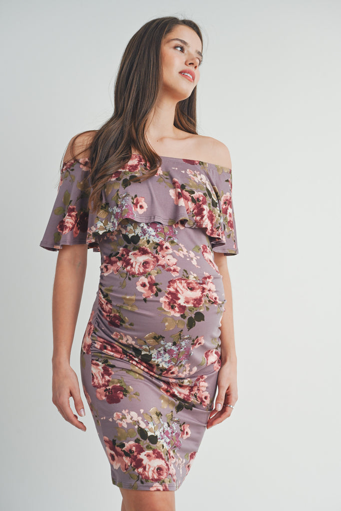Mauve Riley Off Shoulder Ruffle Maternity Dress Front View