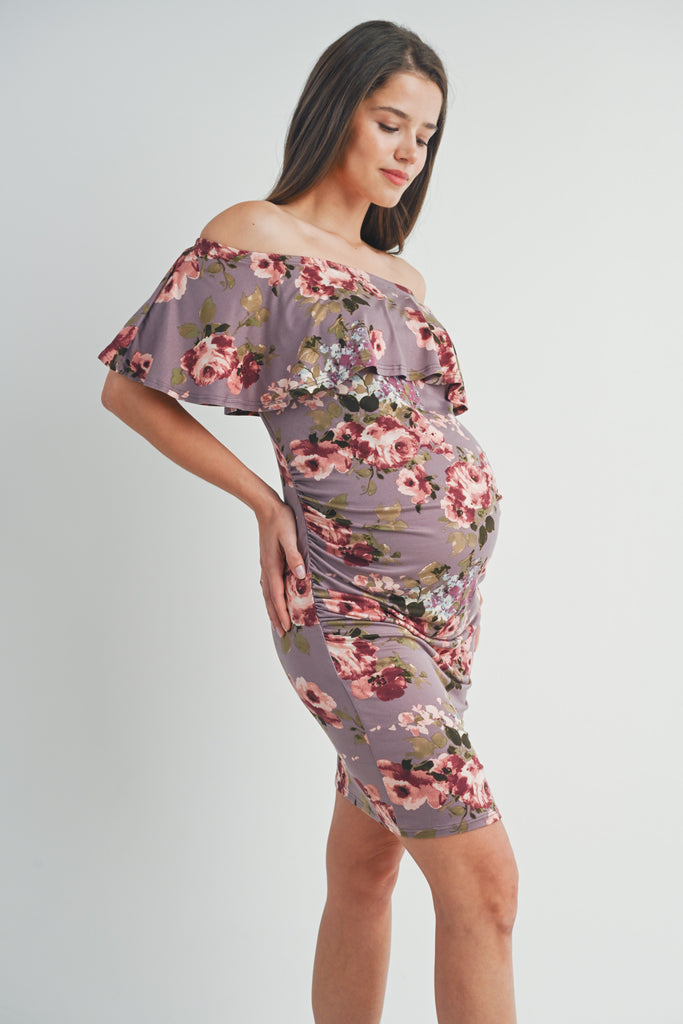 Mauve Riley Off Shoulder Ruffle Maternity Dress Side View