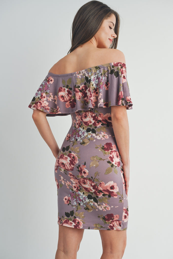 Mauve Riley Off Shoulder Ruffle Maternity Dress Back View