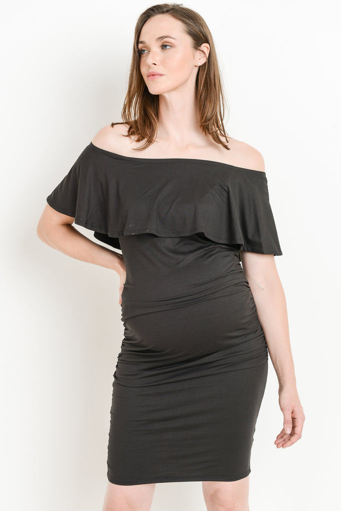 Black Single Ruffle Off Shoulder Maternity Dress Front View