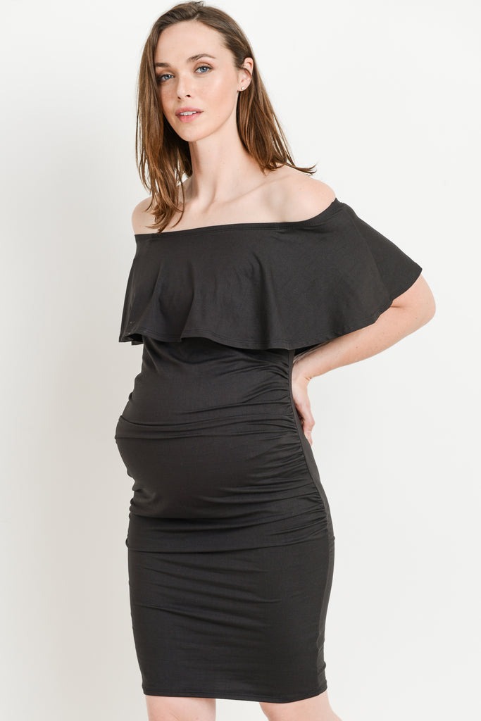 Black Single Ruffle Off Shoulder Maternity Dress Side View