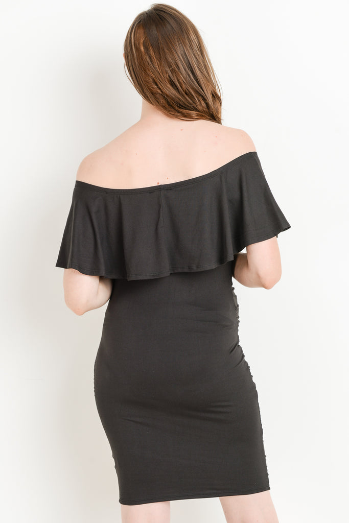 Black Single Ruffle Off Shoulder Maternity Dress Back View