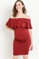 Burgundy Single Ruffle Off Shoulder Maternity Dress Front View