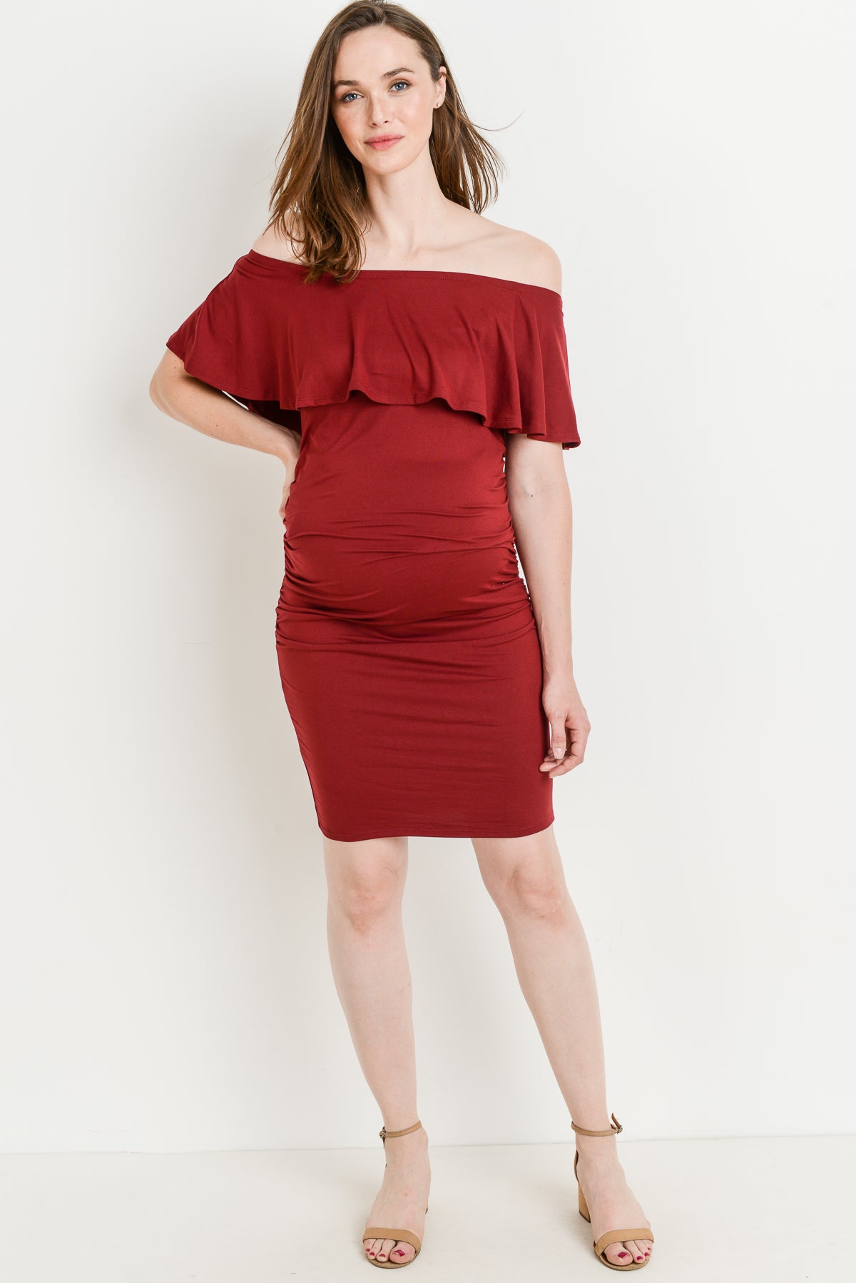 Burgundy Single Ruffle Off Shoulder Maternity Dress Full Body
