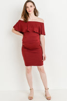 Burgundy Single Ruffle Off Shoulder Maternity Dress Full Body