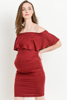 Burgundy Single Ruffle Off Shoulder Maternity Dress Side View
