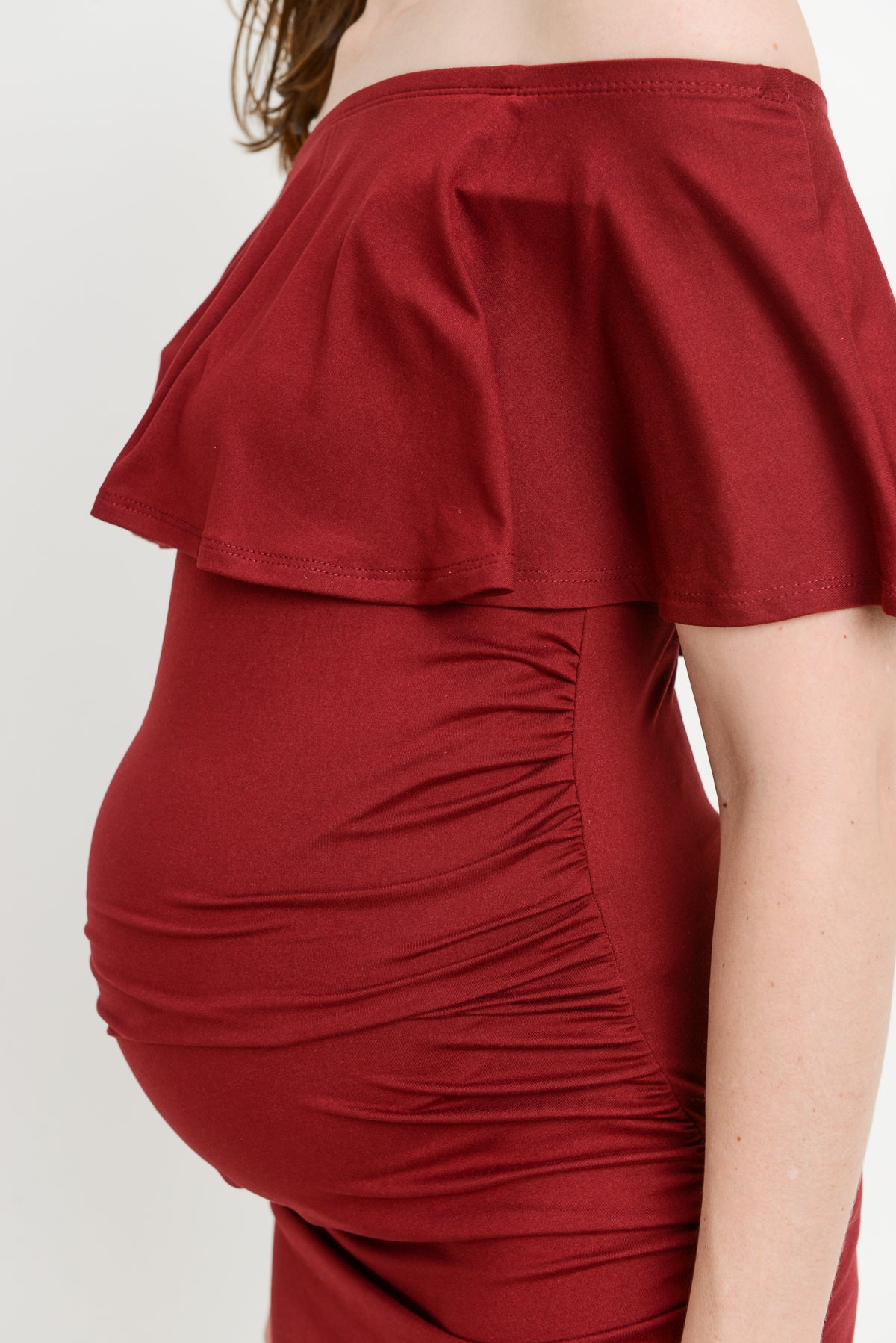 Burgundy Single Ruffle Off Shoulder Maternity Dress Detail