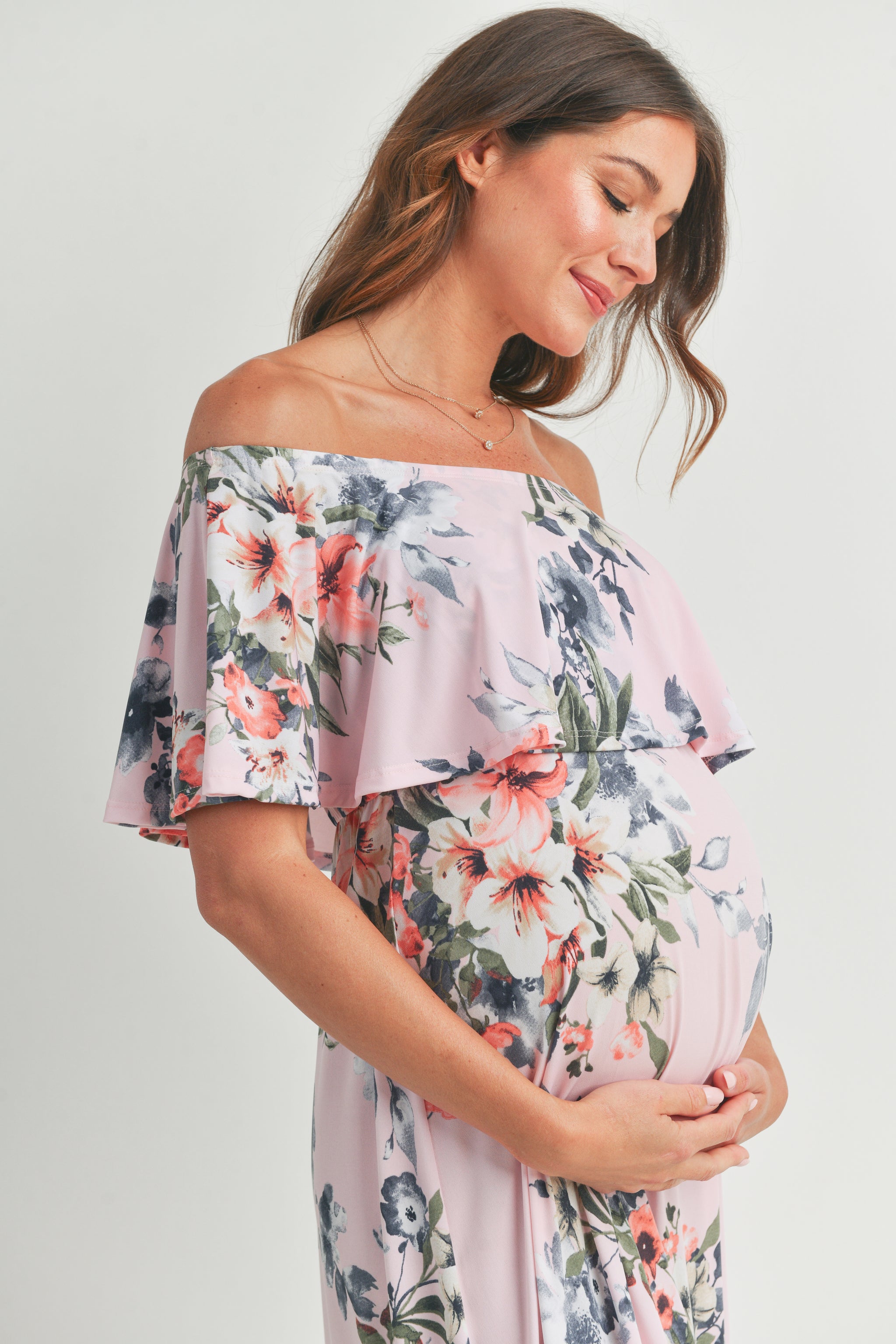 pink ruffle off the shoulder maternity dress Pink Floral Ruffle Off The Shoulder Maxi Maternity Dress – HELLO MIZ