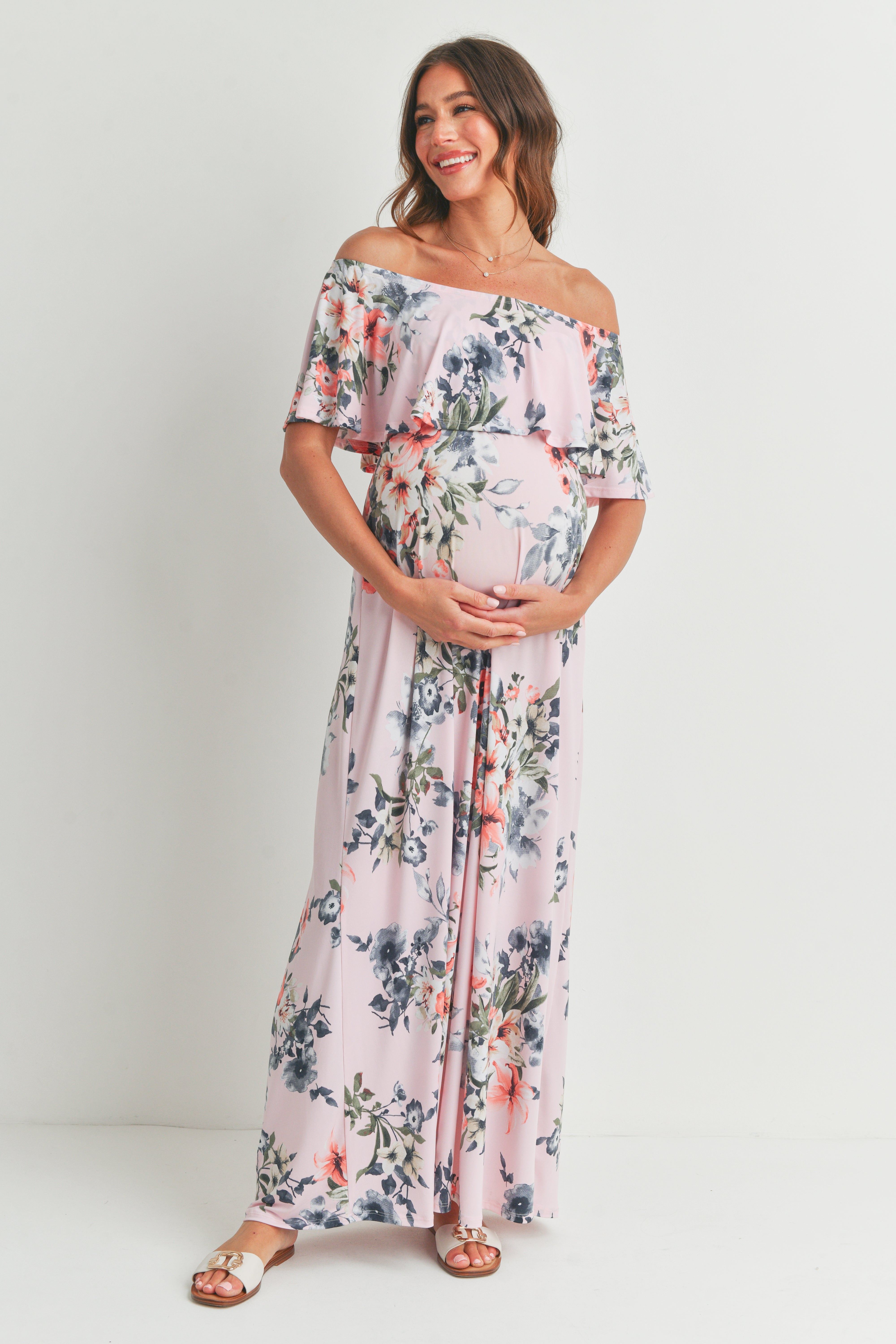 Pink Floral Ruffle Off The Shoulder Maxi Maternity Dress – HELLO MIZ