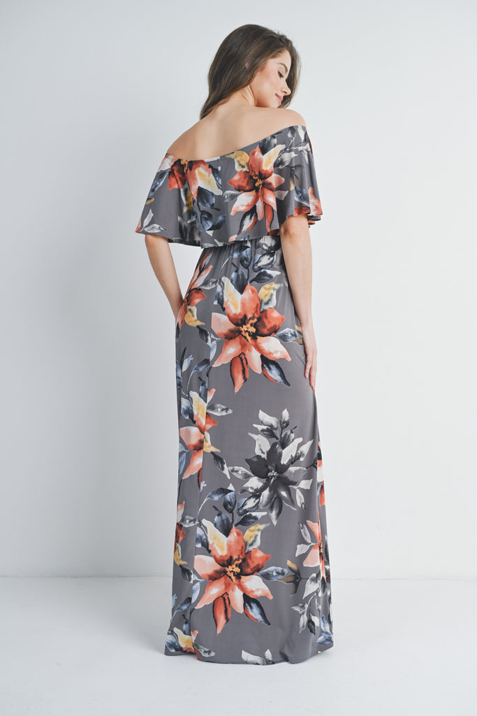 Grey Floral Ruffle Off The Shoulder Maxi Maternity Dress Back View
