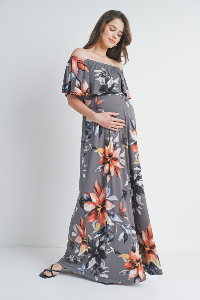 Grey Floral Ruffle Off The Shoulder Maxi Maternity Dress Side View