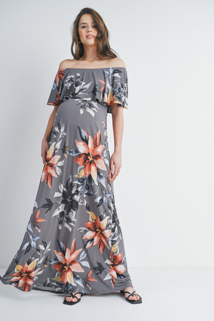 Grey Floral Ruffle Off The Shoulder Maxi Maternity Dress Front View