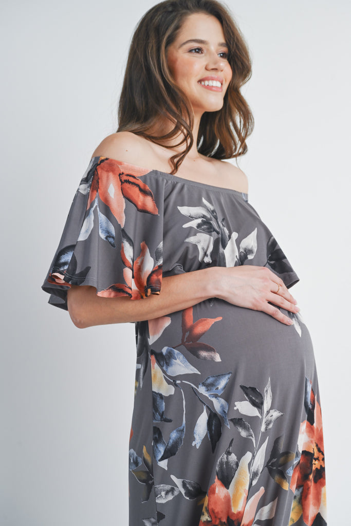 Grey Floral Ruffle Off The Shoulder Maxi Maternity Dress Close Up