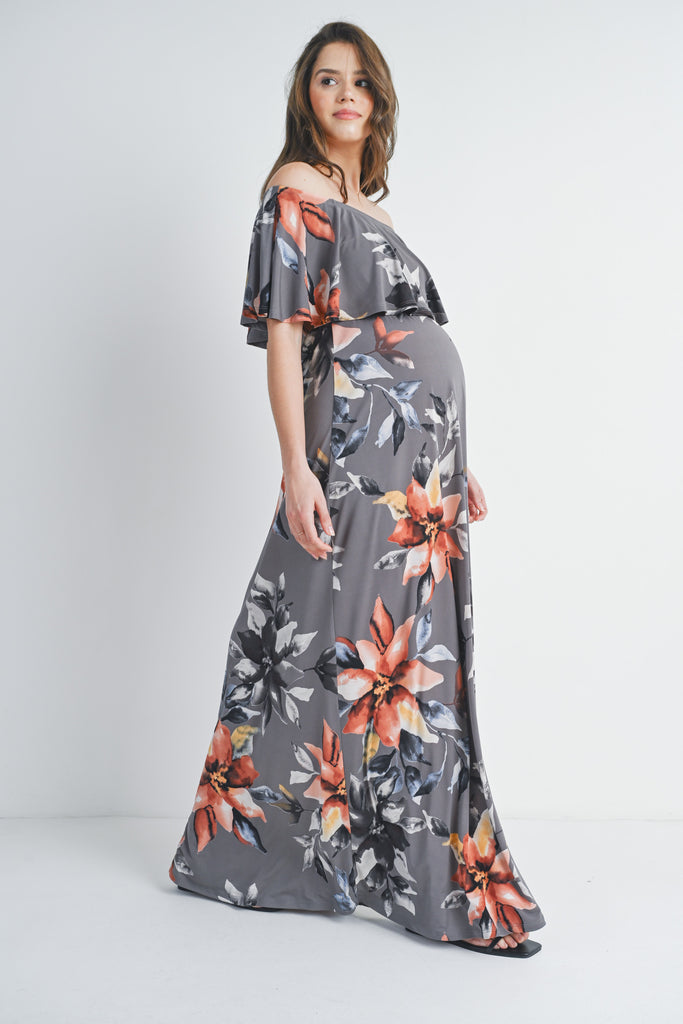 Grey Floral Ruffle Off The Shoulder Maxi Maternity Dress Side View