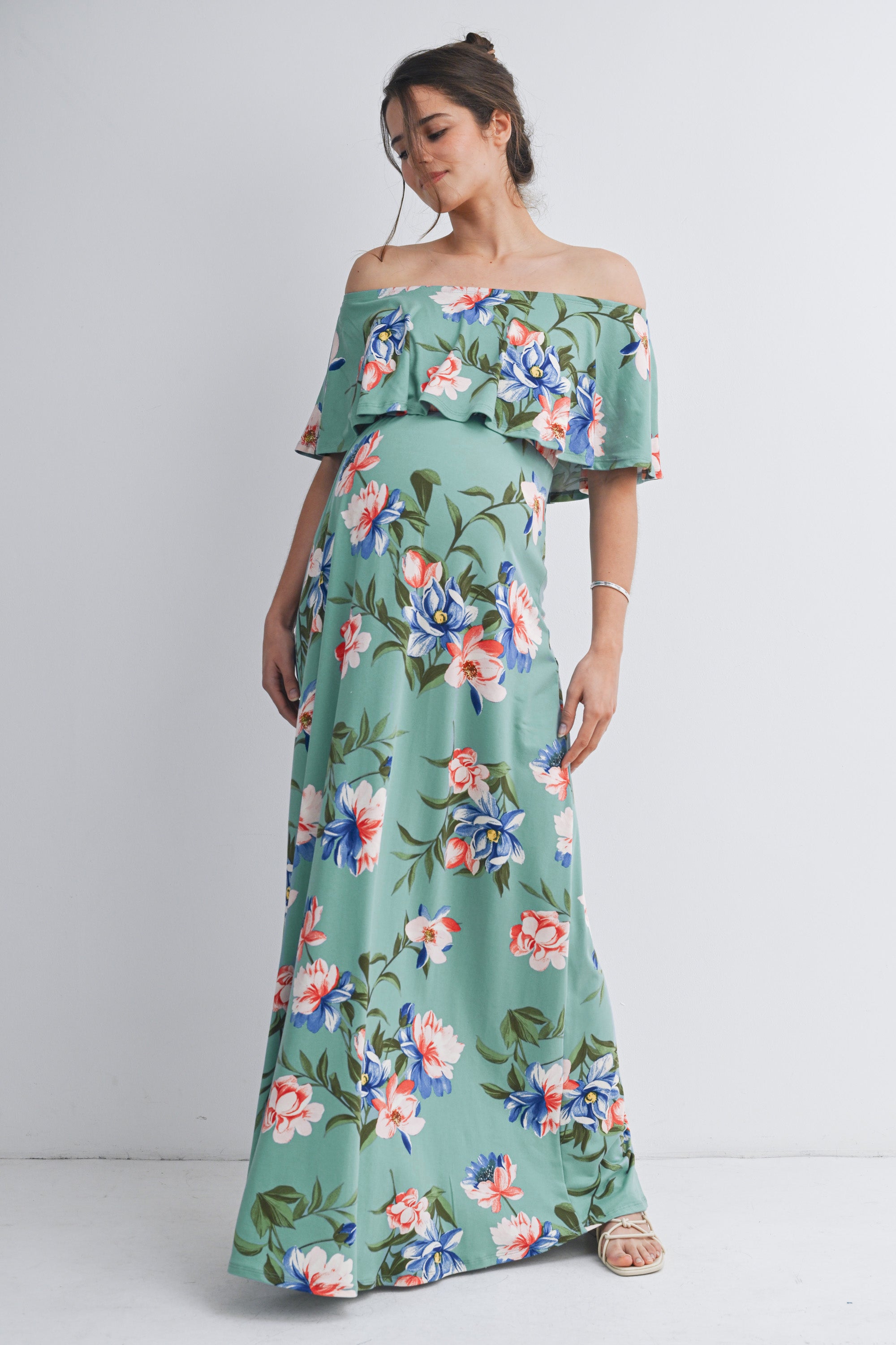 SAGE Floral Off Shoulder Maxi Maternity Dress SAGE / SMALL
