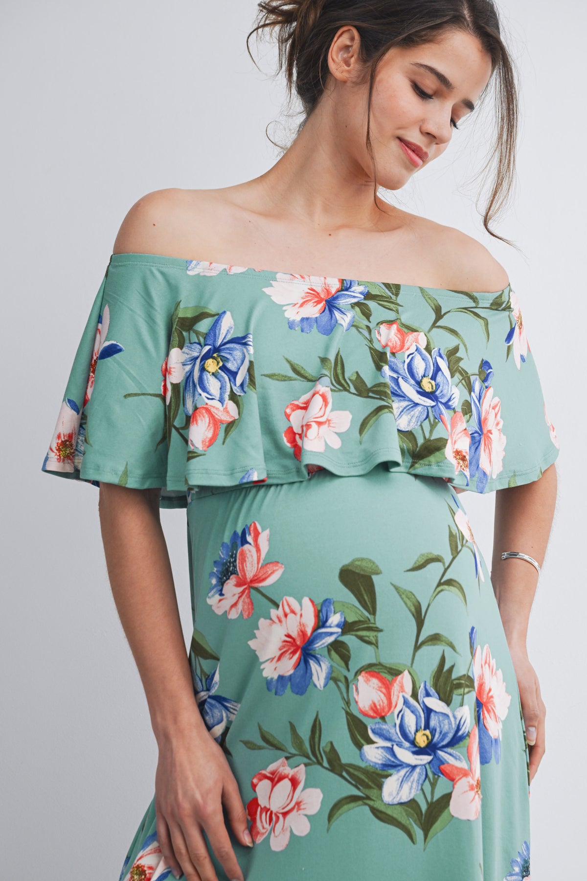 Sage Floral Off Shoulder Maxi Maternity Dress Close Up