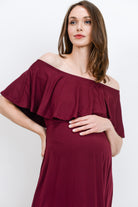 Burgundy Ruffle Off Shoulder Solid Maternity Dress Close Up