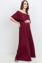 Burgundy Ruffle Off Shoulder Solid Maternity Dress Side View