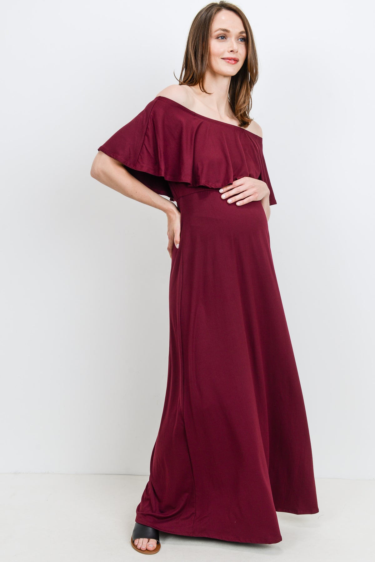 Burgundy Ruffle Off Shoulder Solid Maternity Dress Side View