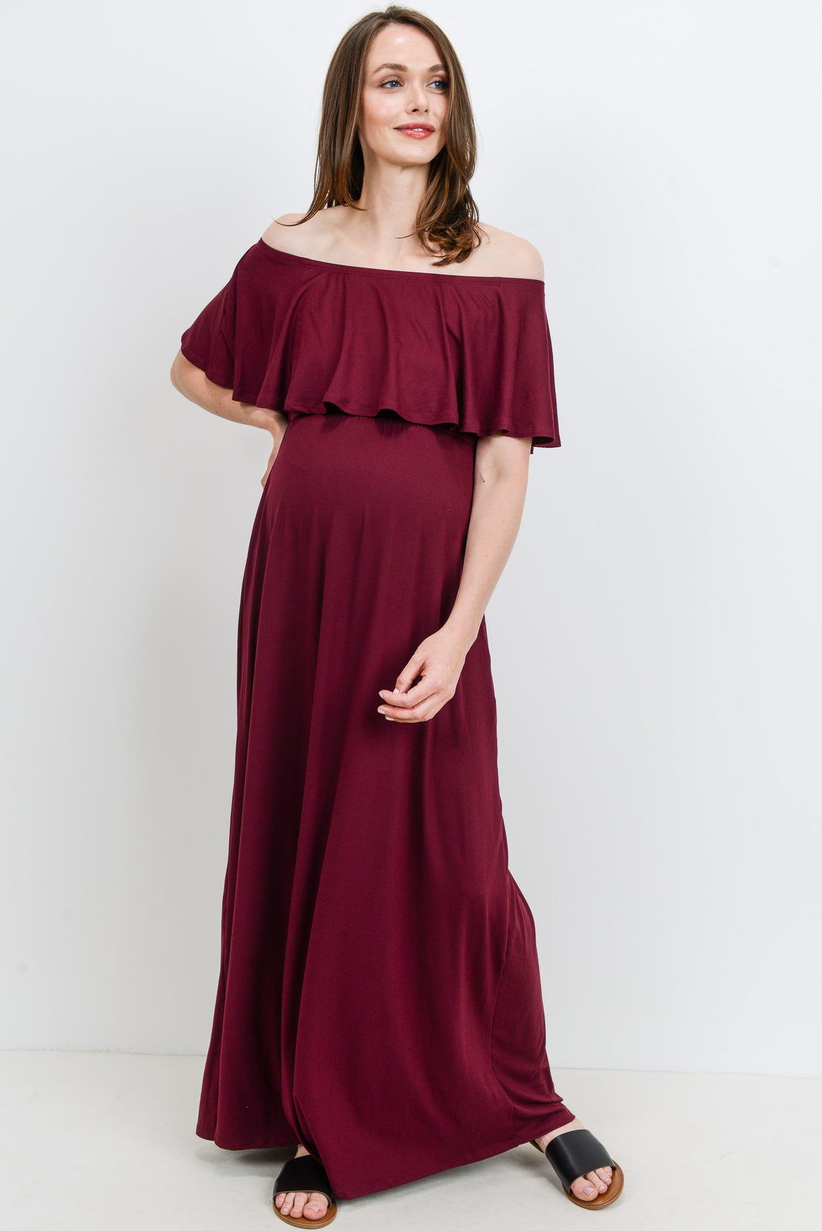 Burgundy Ruffle Off Shoulder Solid Maternity Dress Front View