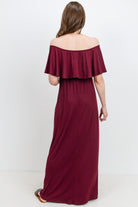 Burgundy Ruffle Off Shoulder Solid Maternity Dress Back View
