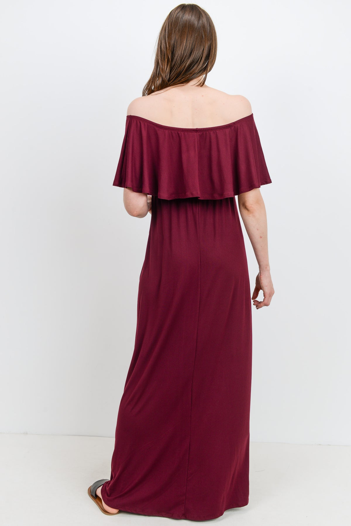 Burgundy Ruffle Off Shoulder Solid Maternity Dress Back View