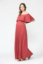 Red Brown Ruffle Off Shoulder Solid Maternity Dress Side View